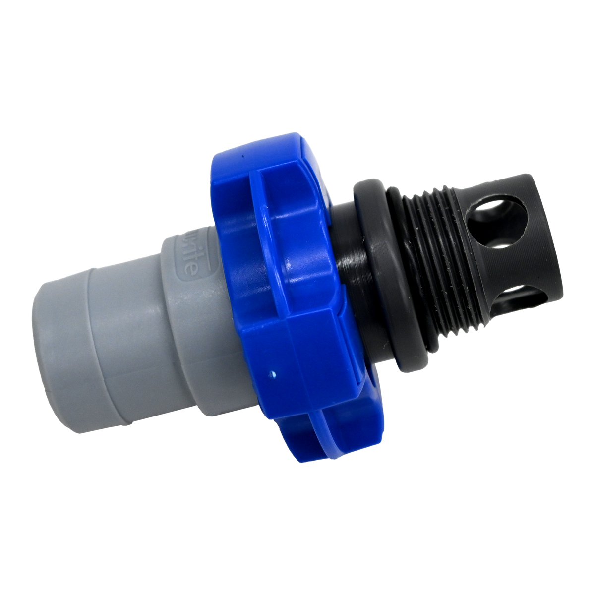 Gray, blue and black plug with threaded screw.