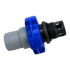 Gray, blue and black plug with threaded screw.