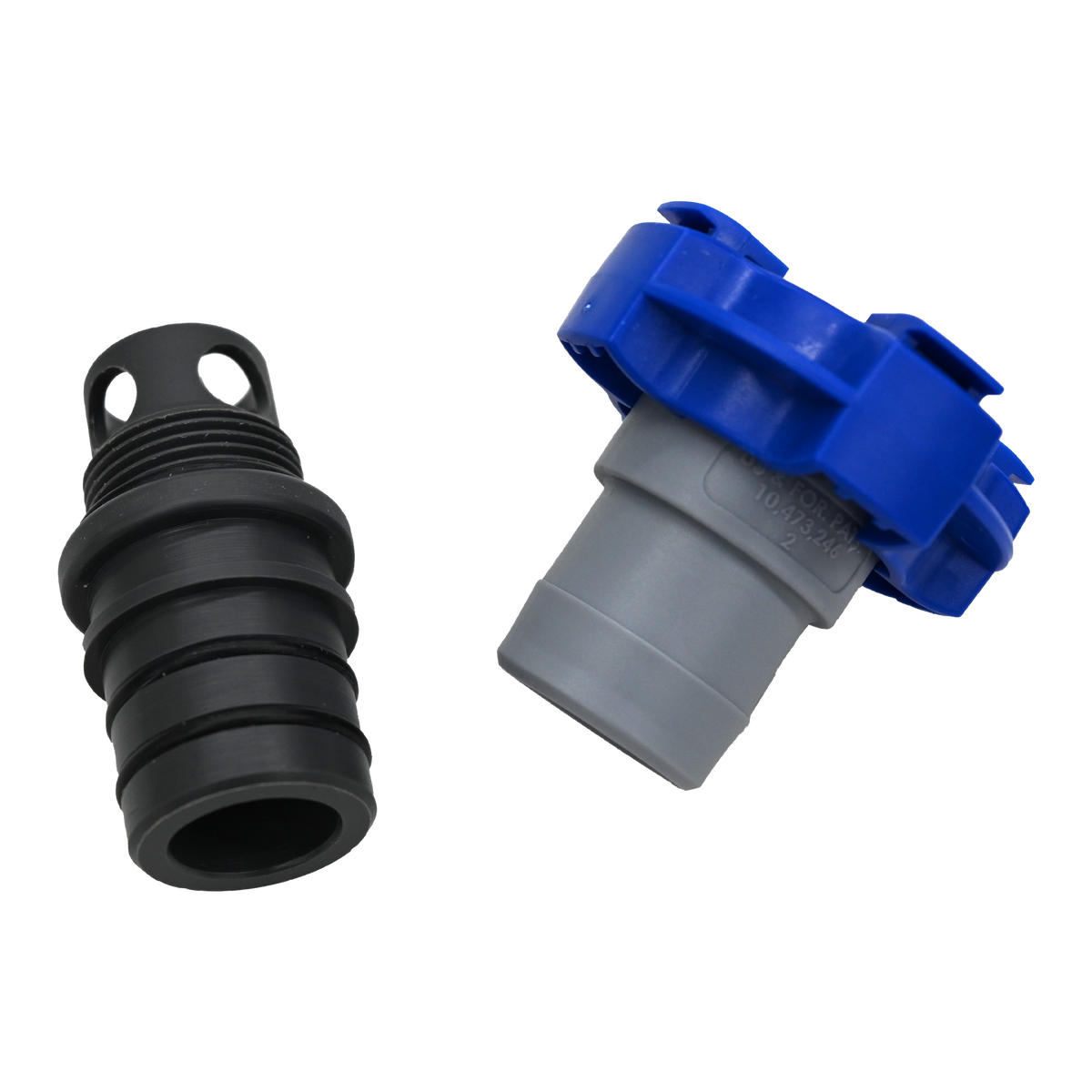 Dis-assembled Black, gray and blue plug with screw threading.
