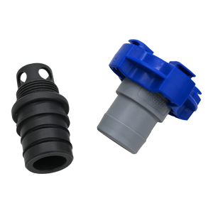 Dis-assembled Black, gray and blue plug with screw threading.