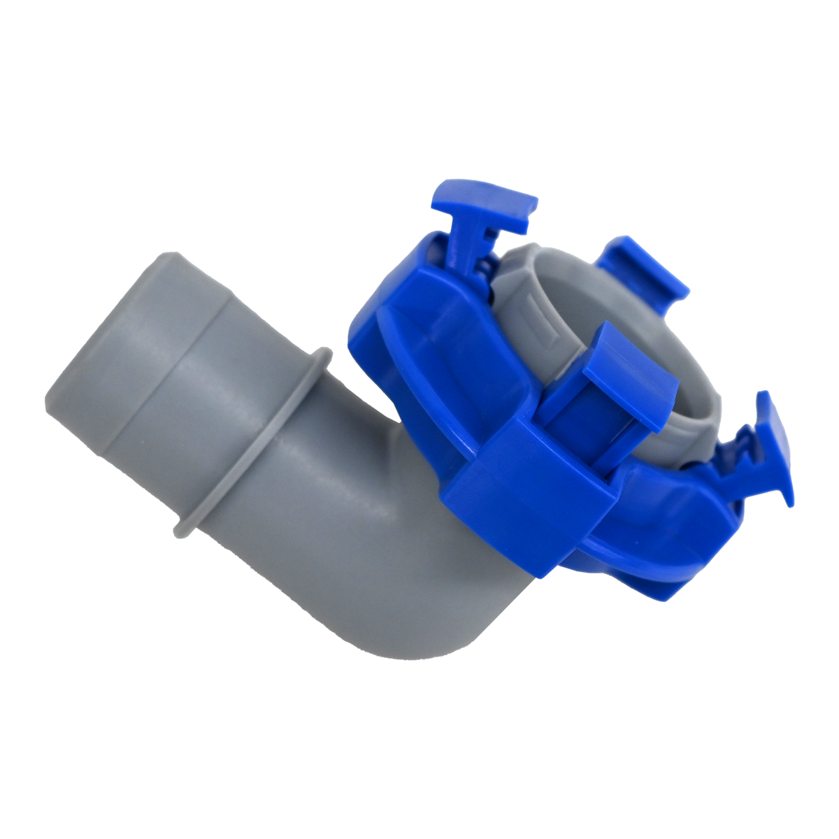 Gray and blue flowrite elbow plug right side view.