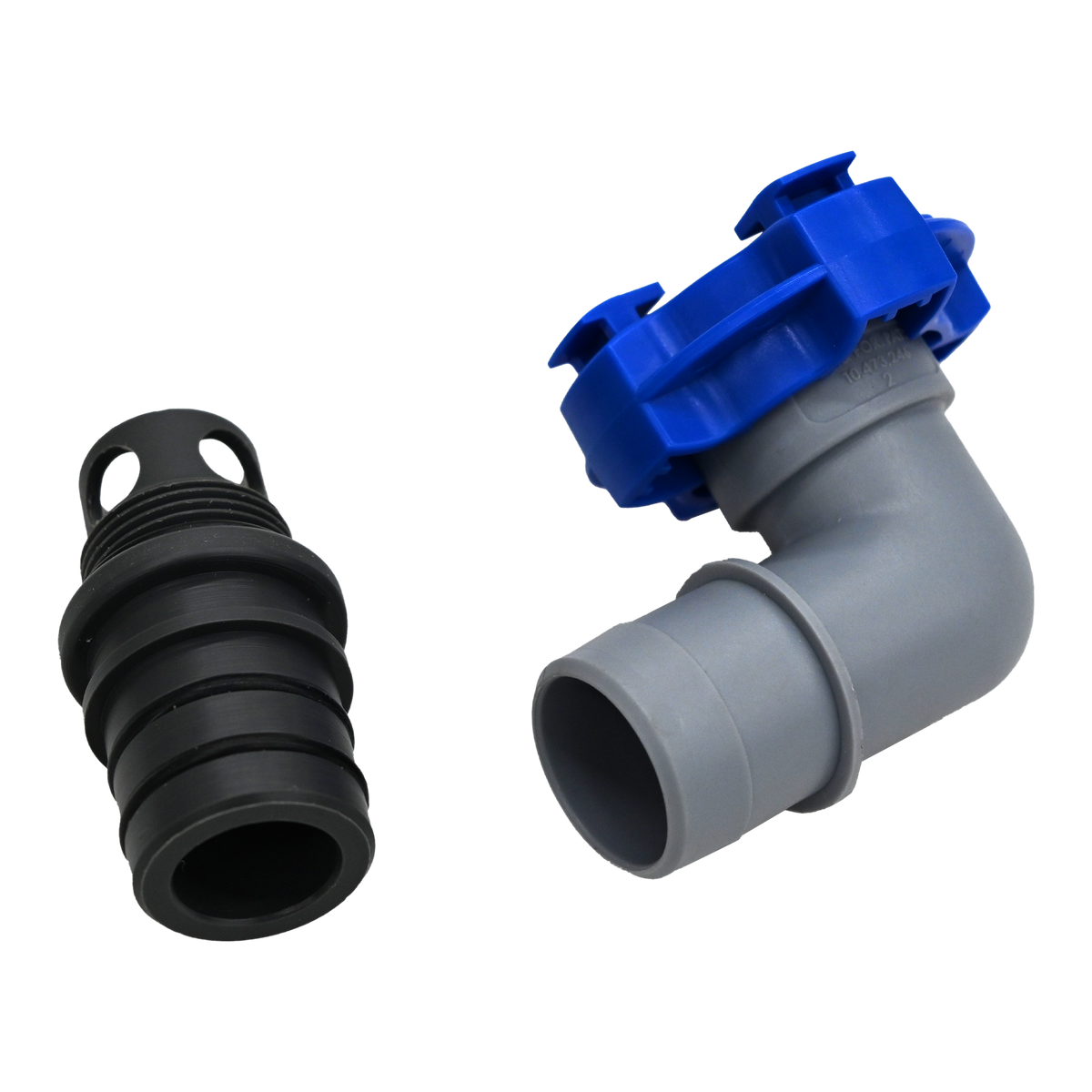 Gray and blue flowrite elbow plug left side view with black plug disassembled 