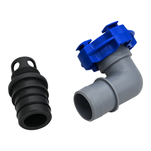Gray and blue flowrite elbow plug left side view with black plug disassembled 