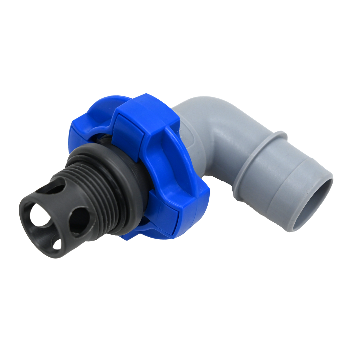 Gray and blue flowrite elbow plug side view assembled with black plug installed.