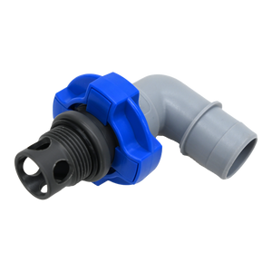 Gray and blue flowrite elbow plug side view assembled with black plug installed.