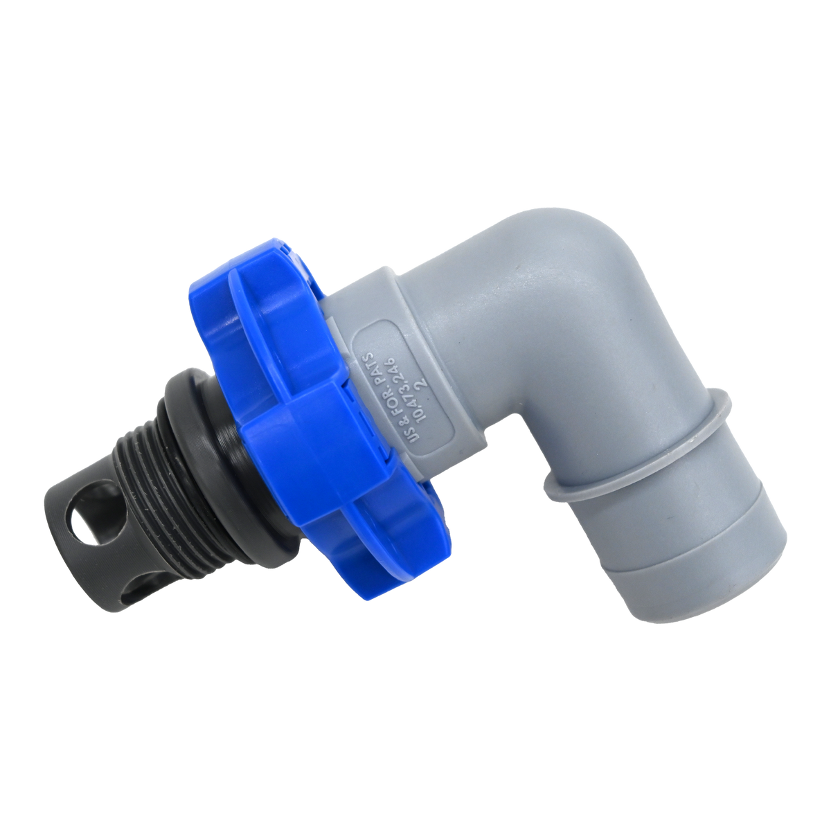Gray and blue flowrite elbow plug vertical view assembled with black plug installed.