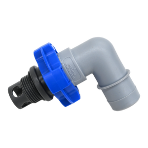 Gray and blue flowrite elbow plug vertical view assembled with black plug installed.
