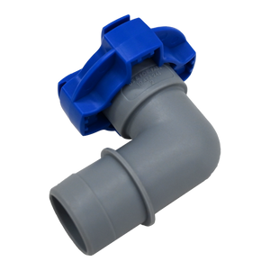 Gray and blue flowrite elbow plug left side view.