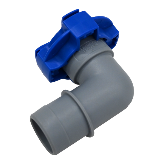 Gray and blue flowrite elbow plug left side view.