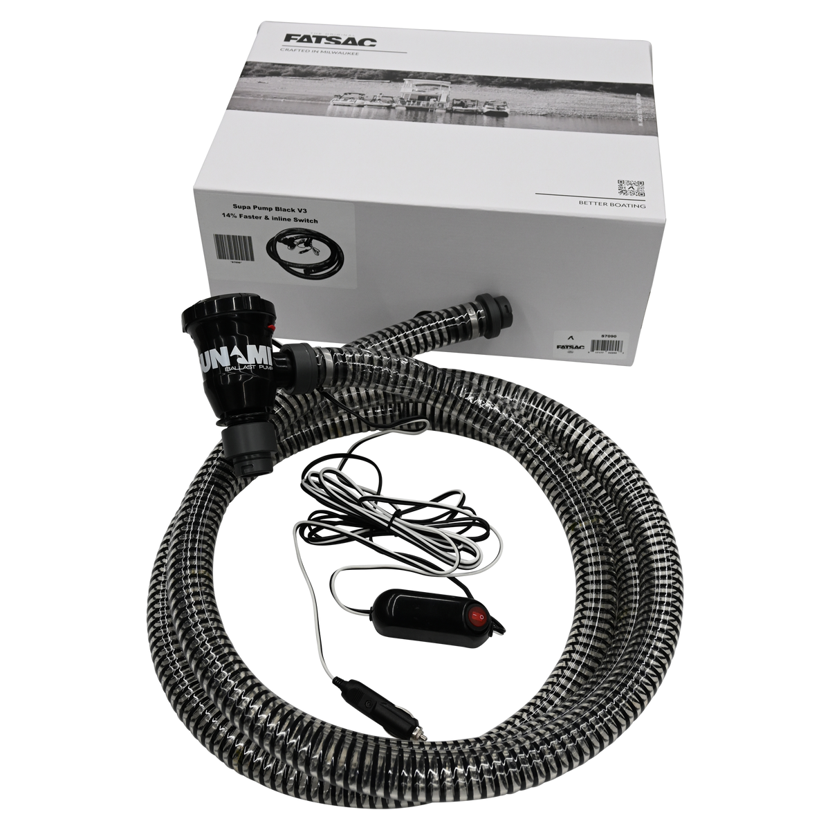 Coiled hose with pump, power adapter, and white box in the background.