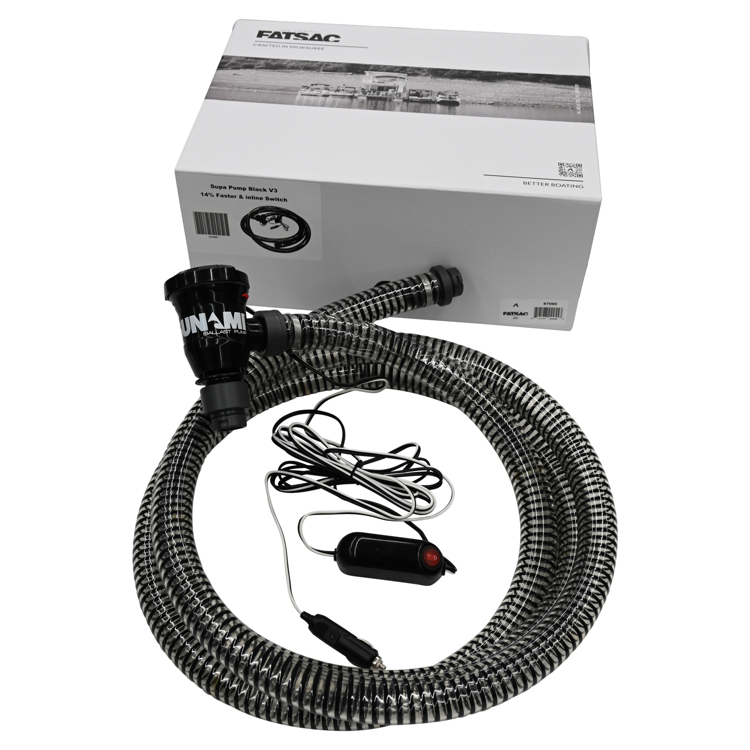 Coiled hose with pump, power adapter, and white box in the background.
