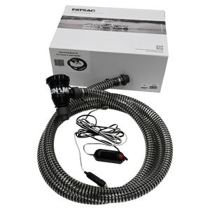 Coiled hose with pump, power adapter, and white box in the background.