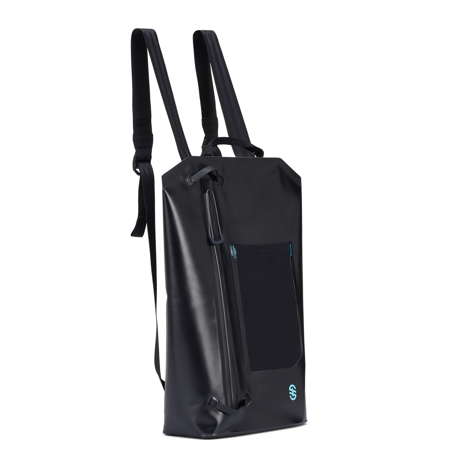 Angled side view of Backpack highlighting the vertical waterproof zipper and textured bottle holder panel.