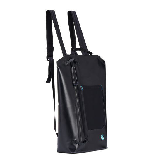 Angled side view of Backpack highlighting the vertical waterproof zipper and textured bottle holder panel.