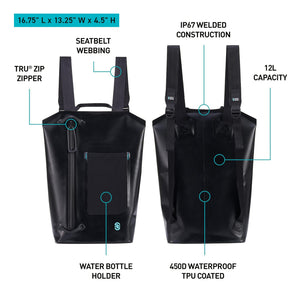 Black waterproof Dry Backpack, front and back views, showing straps, water bottle holder, and 12L capacity.