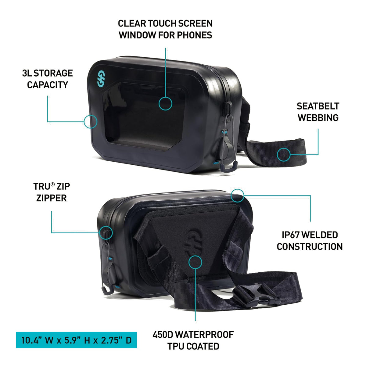 Black waterproof Dry Hip Pack, two views, showing clear phone touchscreen window and adjustable strap.