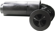 Angled view of DCM 3" heater tube with triple louver vent and flexible black hose, 62 inches long.