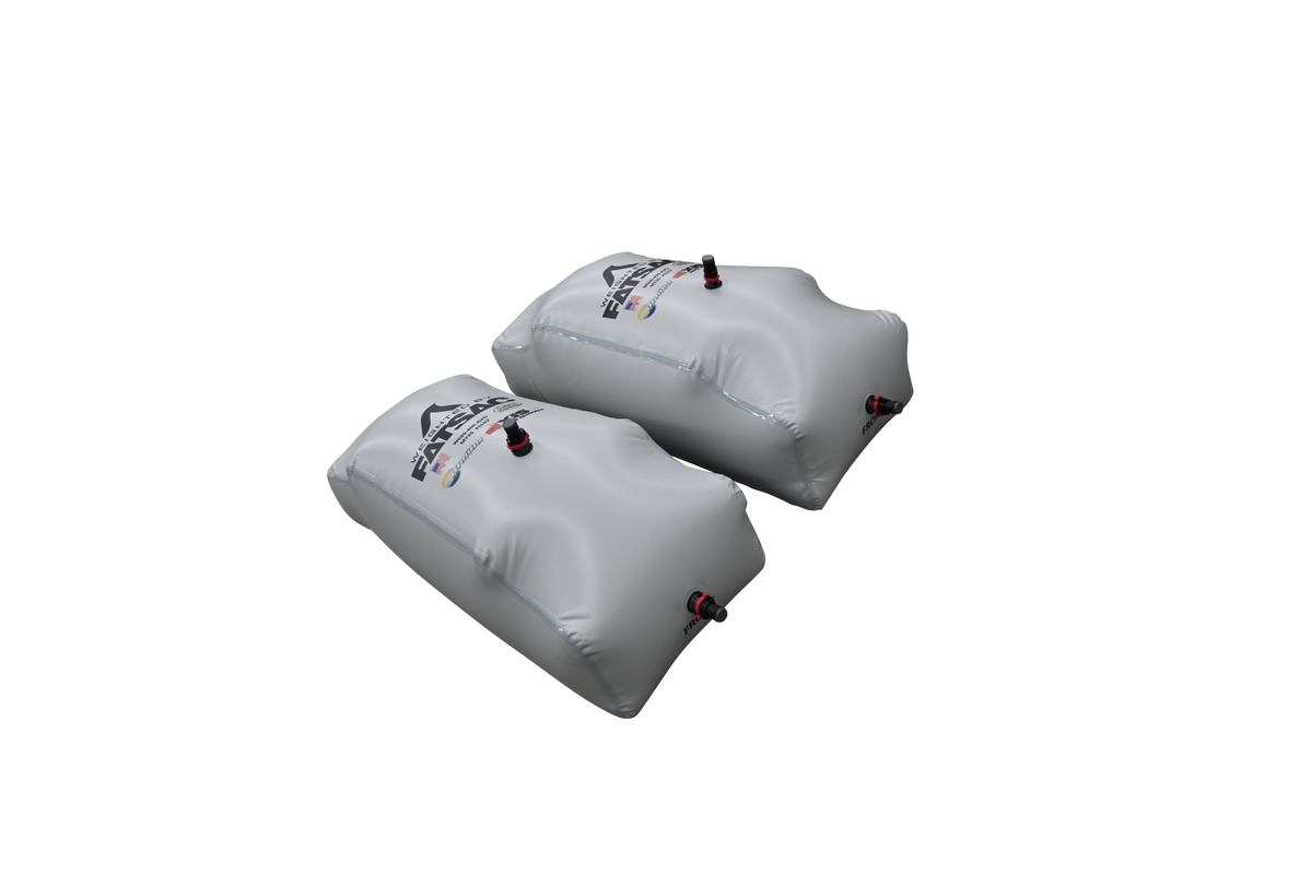 Two large gray MALIBU REAR 2025 ballast bags with valves, ideal for surfing, on black.
