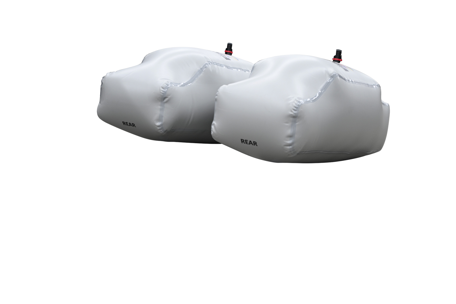 Two white MALIBU REAR 2025 airbags contrast with the black, similar to ballast bags.