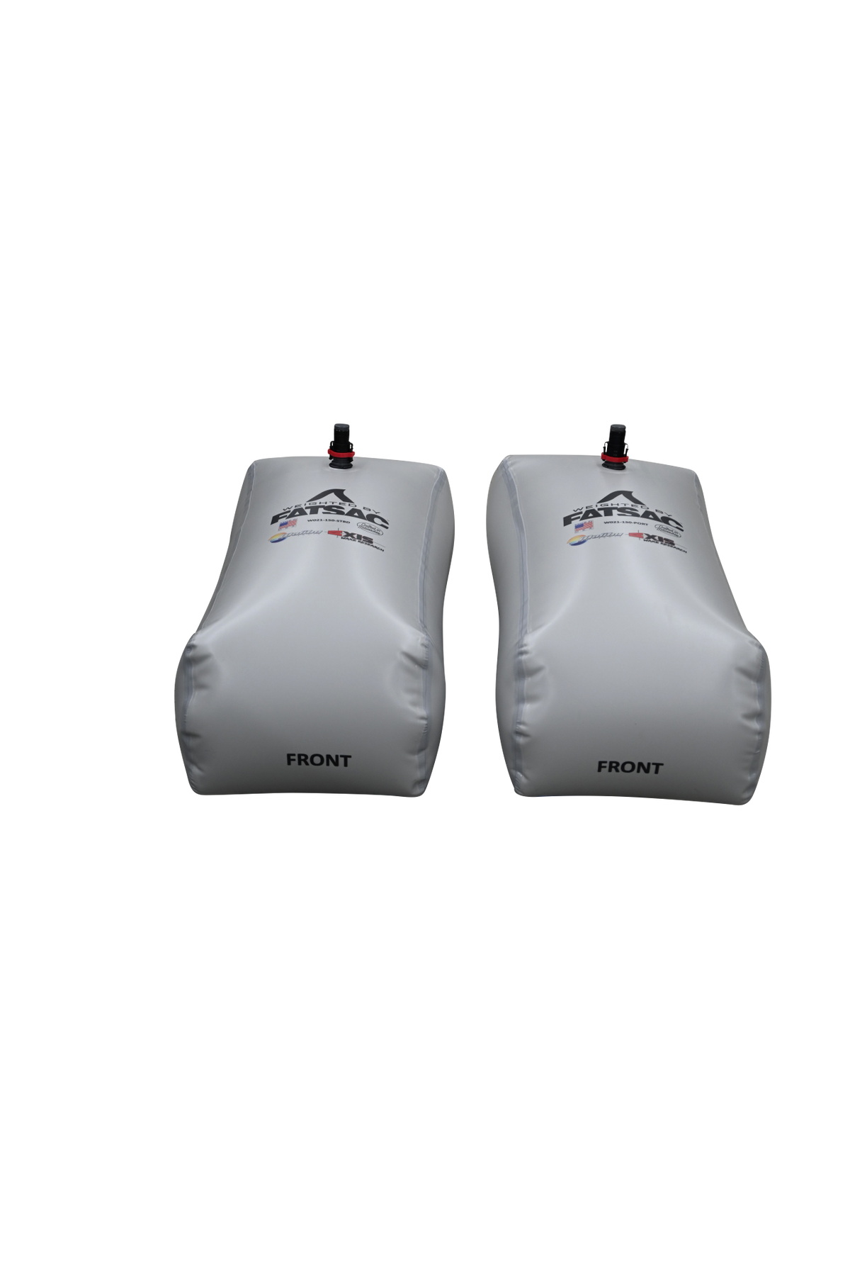 Two MALIBU REAR 2025 bags, gray with FRONT label, valve on top.