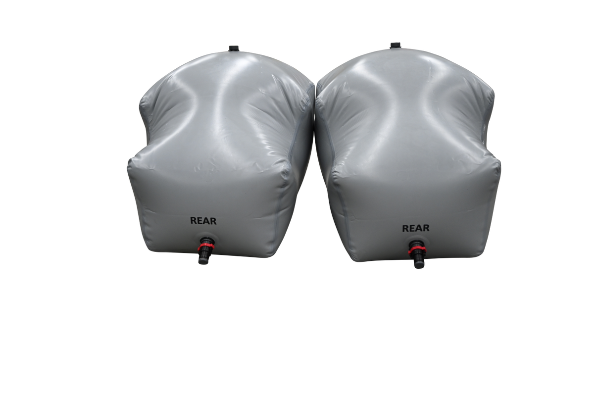 Two MALIBU PNP REAR SACS with valves labeled REAR on a dark surface.