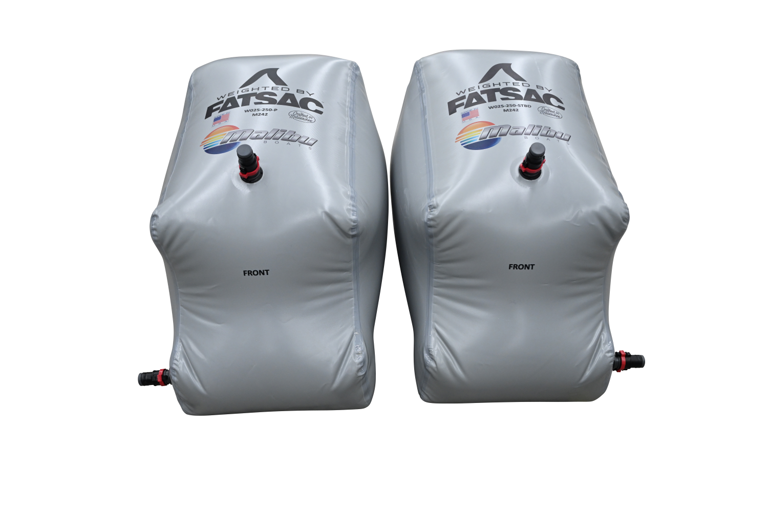 Two grey inflatable Malibu M242 Sac Kits with valves, ideal for ballast.