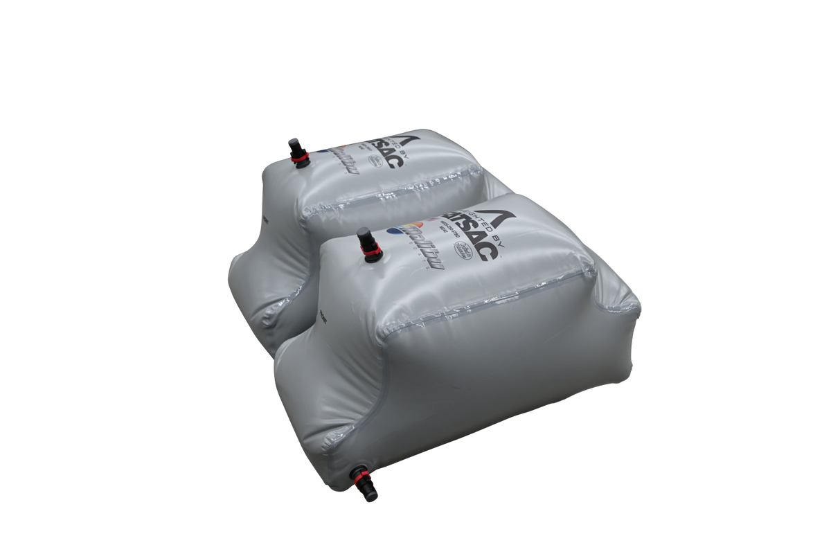 Two gray Malibu M242 rear ballast bags with valves, W025-250-KIT, shown against black.