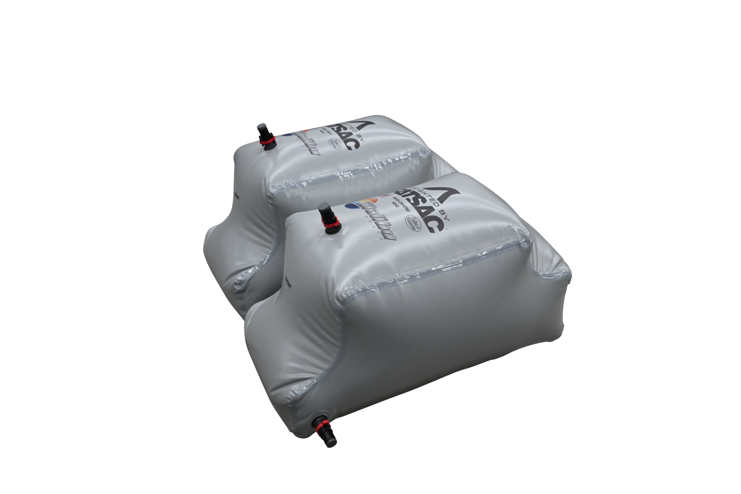 Two gray Malibu M242 rear ballast bags with valves, W025-250-KIT, shown against black.
