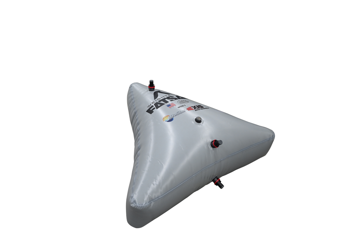 Gray triangular inflatable buoy with AXIS WAKE PNP BOW SAC logo and air release plug.