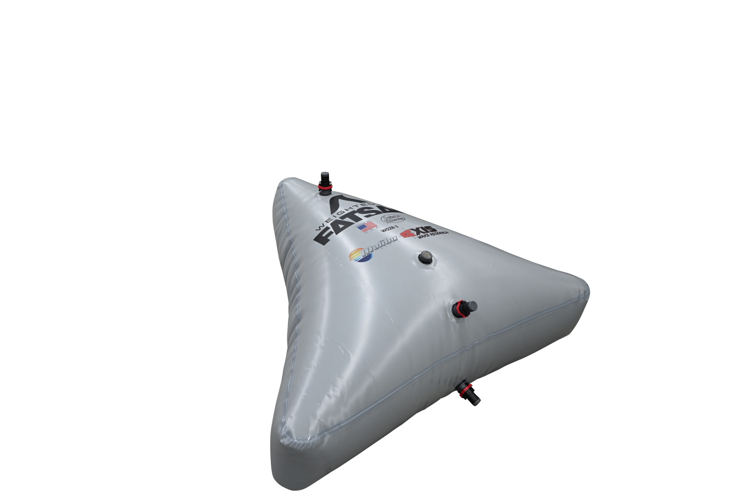 Gray triangular inflatable buoy with AXIS WAKE PNP BOW SAC logo and air release plug.