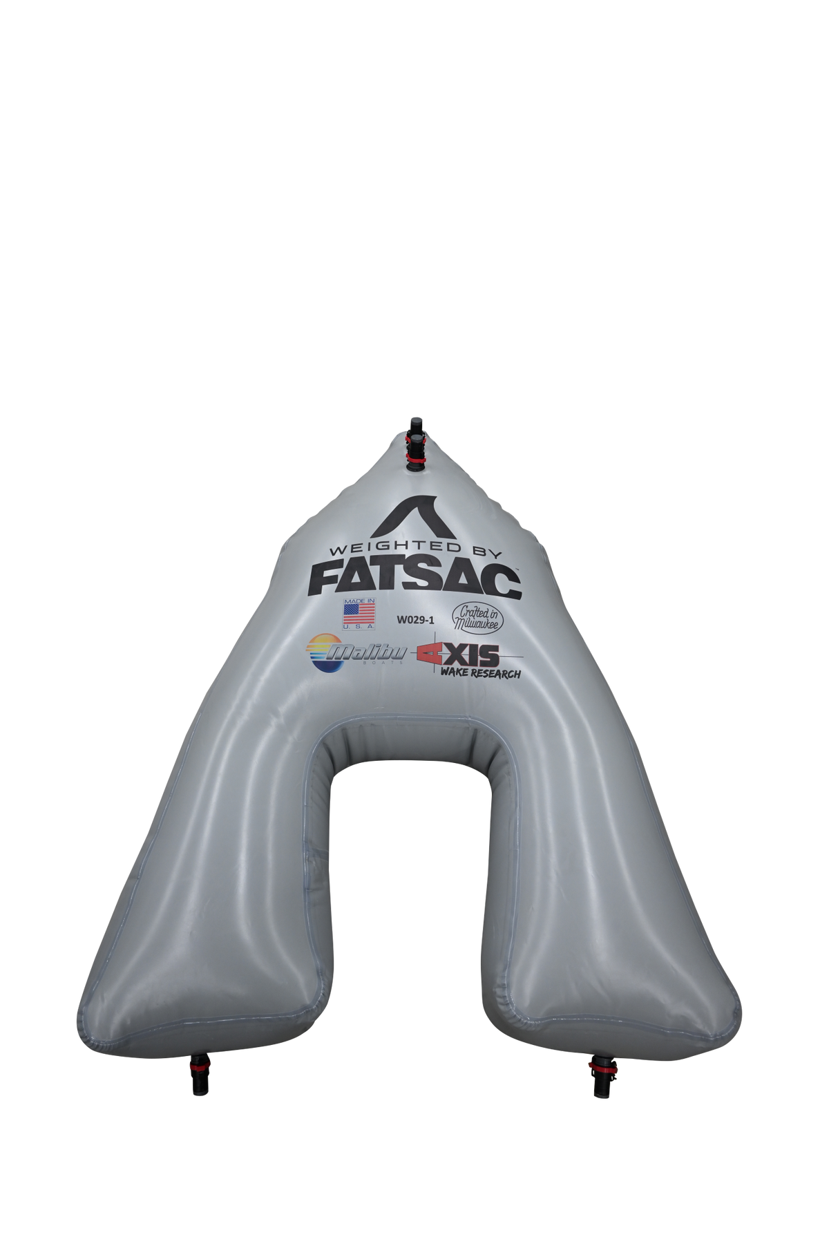 Gray A-shaped AXIS WAKE PNP BOW SAC with QC fittings and valve openings on each end.