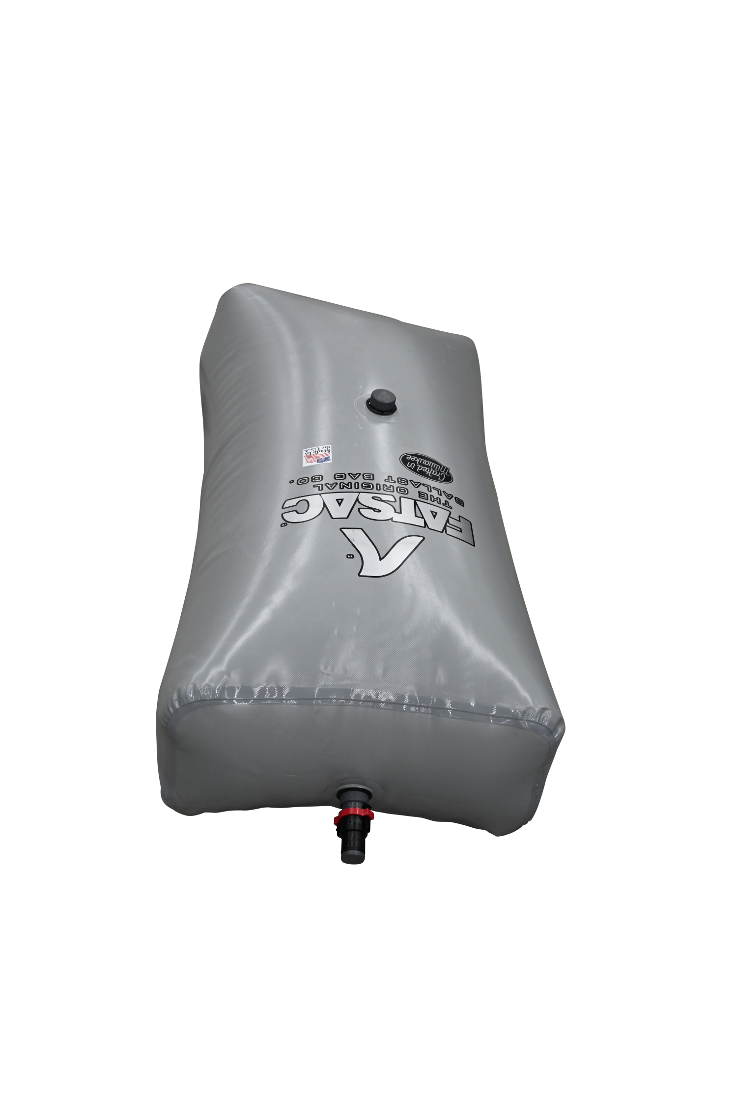 Gray rectangular Lomas water bag with nozzle and Malibu PNP Rear Sac, 250 lbs, QC fittings.