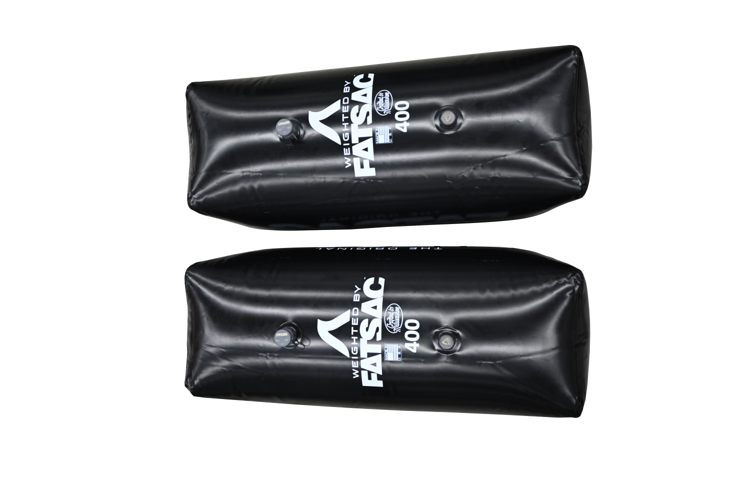 Two black V-drive Fat Sacs, 400 lbs. each, ideal for wakesurfing.