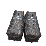 Two V-drive Camo Fat Sacs, 400 lbs each, with FATSAC logo on black.