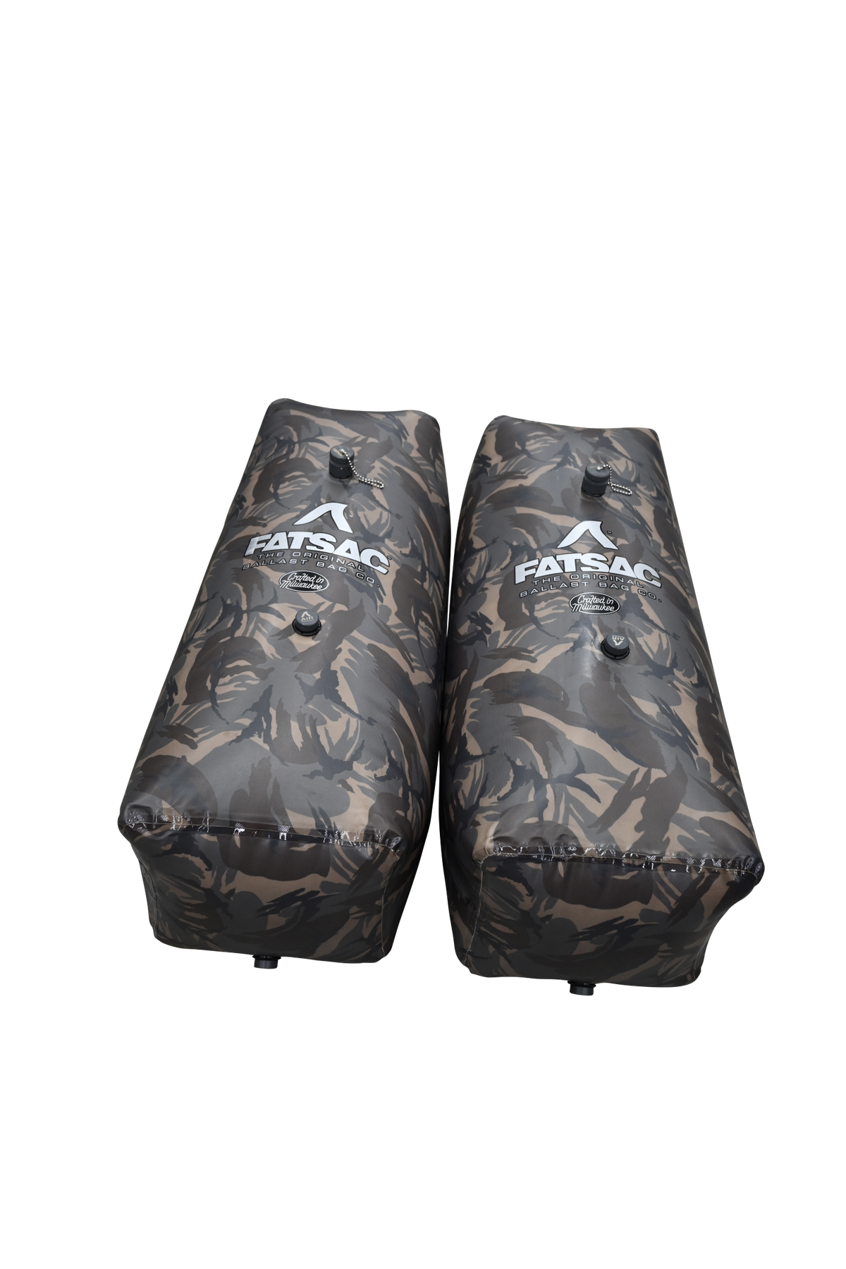 Two V-drive Camo Fat Sacs, 400 lbs each, with FATSAC logo on black.