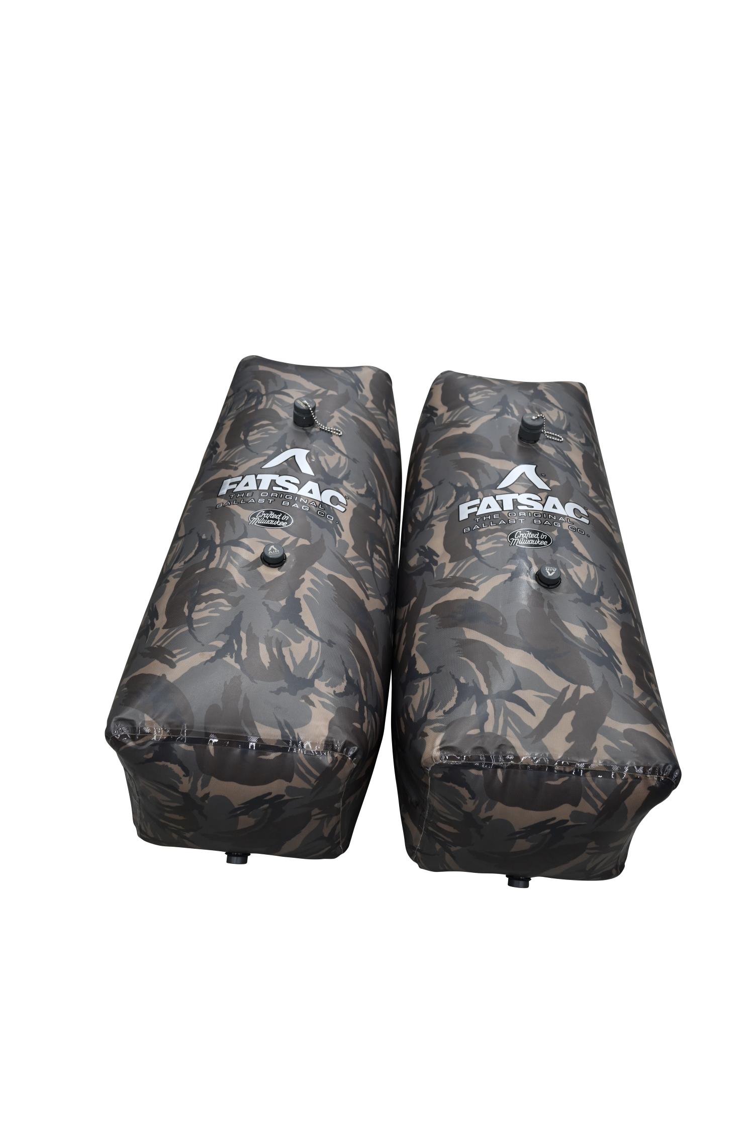 Two V-drive Camo Fat Sacs, 400 lbs each, with FATSAC logo on black.