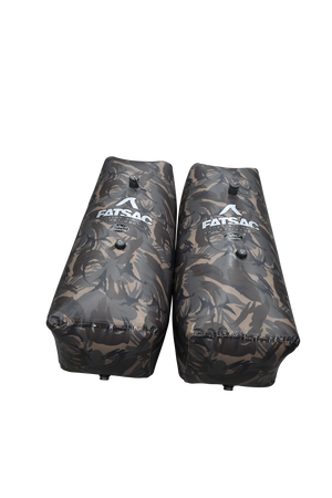 Two V-drive Camo Fat Sacs, 400 lbs each, with FATSAC logo on black.