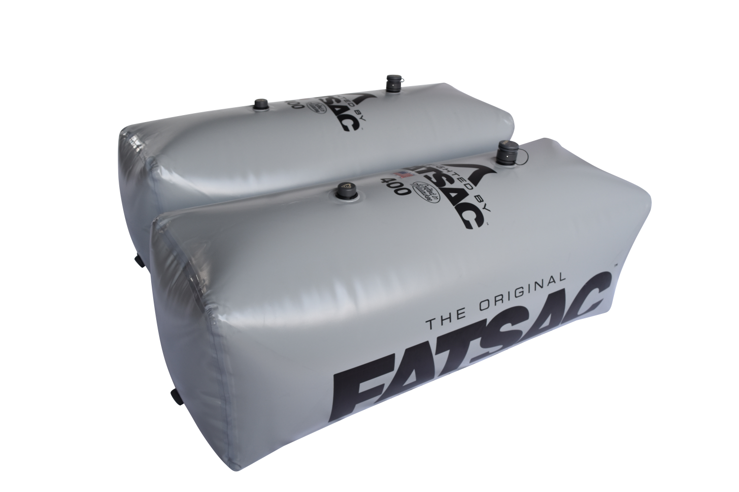 Two V-drive Fat Sacs (400 lbs, gray) with logos, perfect for wakesurfing.