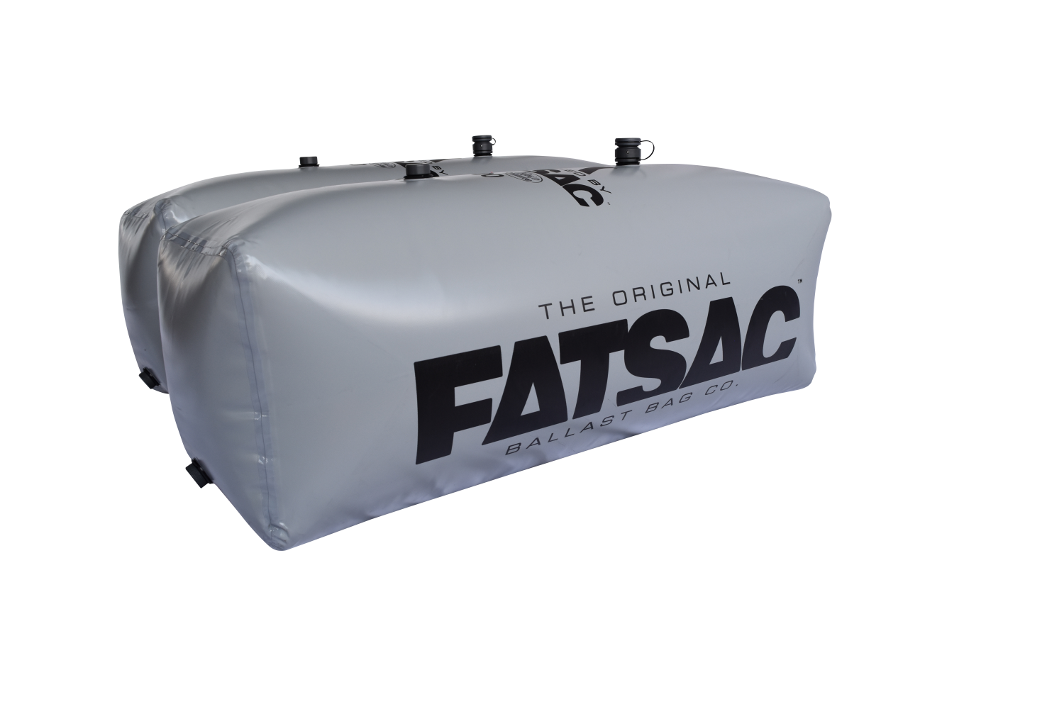 V-drive Fat Sacs: Grey 400 lbs. ballast bags with logo and black fittings for wakesurfing.