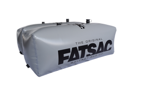 V-drive Fat Sacs: Grey 400 lbs. ballast bags with logo and black fittings for wakesurfing.