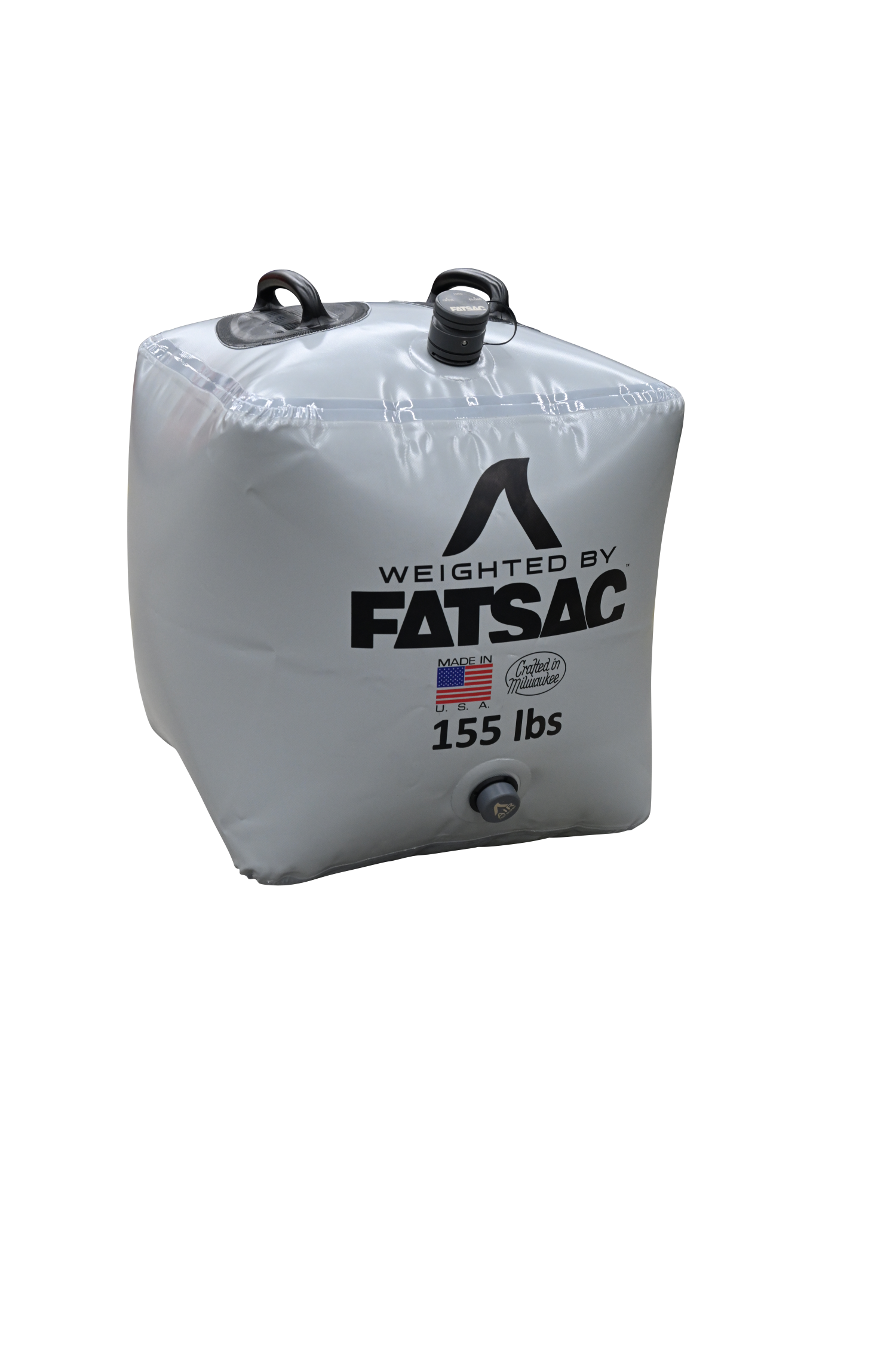 White cube-shaped Fat Brick 155 lbs., with handles and valves.