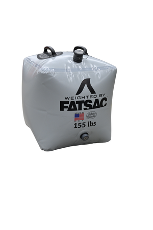 White cube-shaped Fat Brick 155 lbs., with handles and valves.