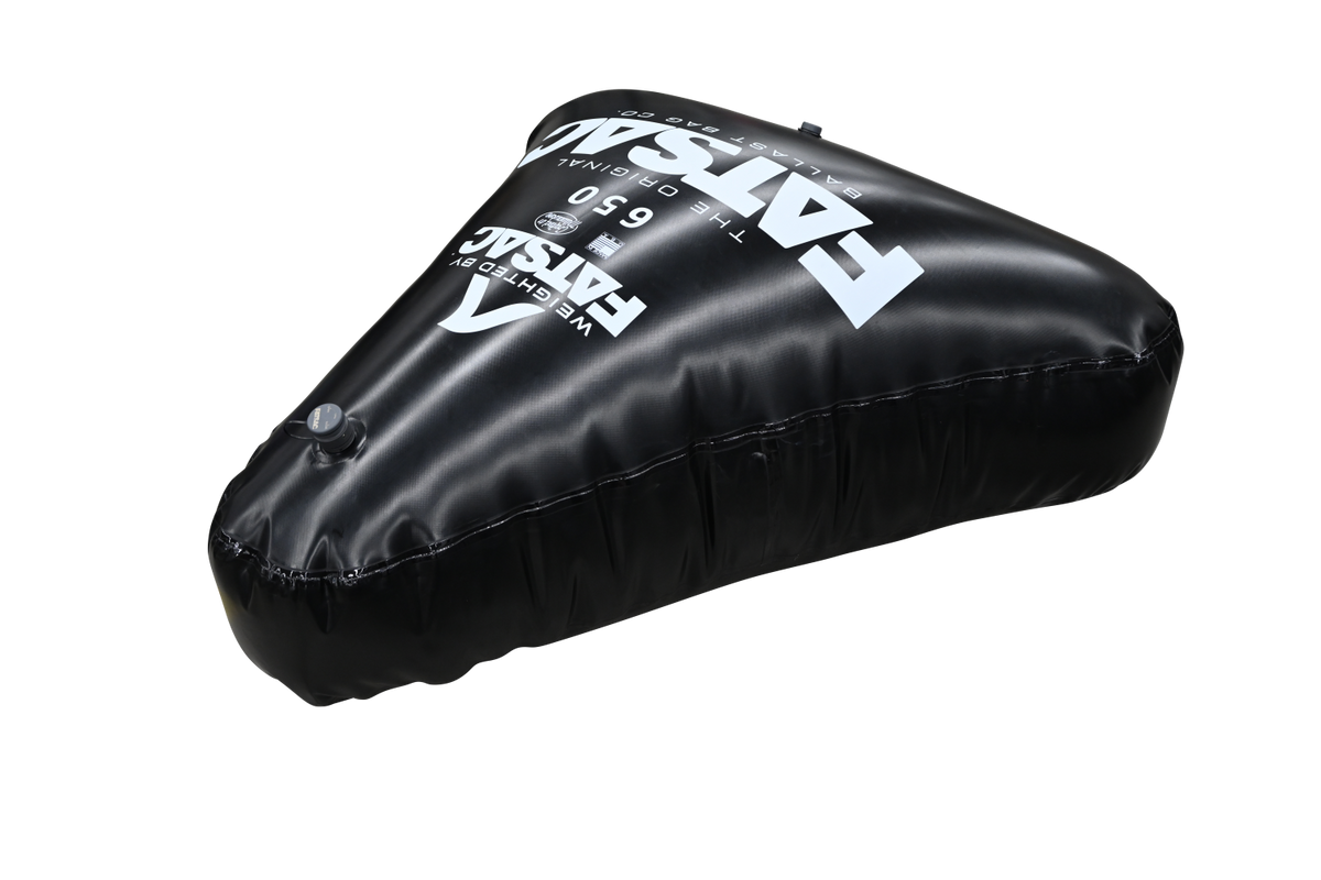 Open Bow Triangle 650 lbs. buoy, ideal for wakesurfing, features Fatsac branding.
