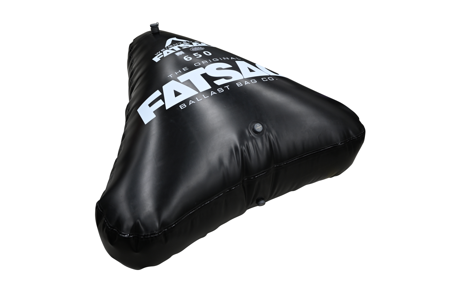 Black triangular ballast bag Open Bow Triangle 650 lbs. with white FATSAC print.