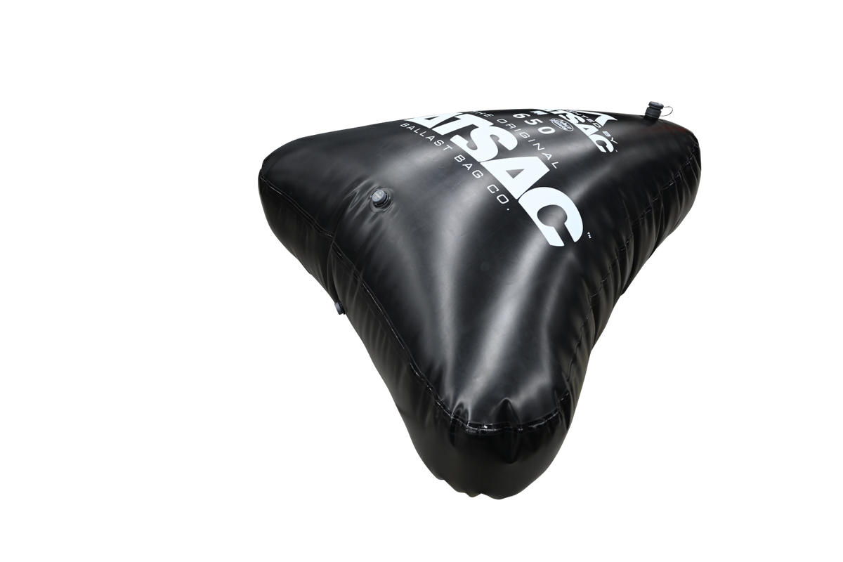 Open Bow Triangle 650 lbs ballast bag for wakesurfing with white text.