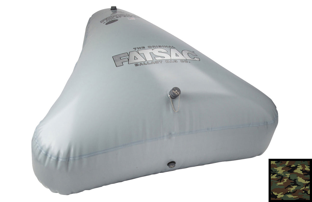 FatSac Bow triangle 650 lbs. Camo angled view of gray ballast bag with fill and drain ports.