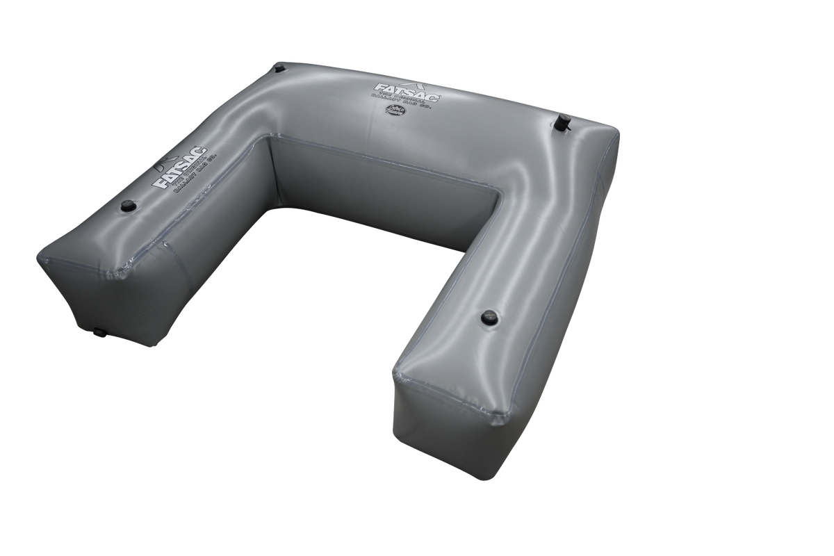 Gray, U-shaped inflatable Fat Seat ballast bag with logo.