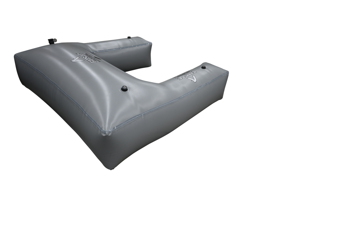 Fat Seat (W710) gray inflatable boat stabilizer with air valves and ballast bag.