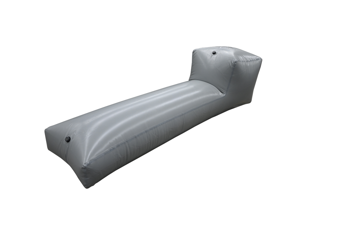 A gray Fly High ENZO inflatable lounge chair with a headrest and arm features.