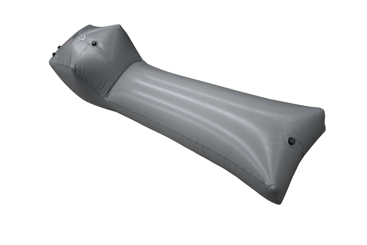 Fly High ENZO Fat Sac: Gray inflatable air mattress with pillow and arm support.